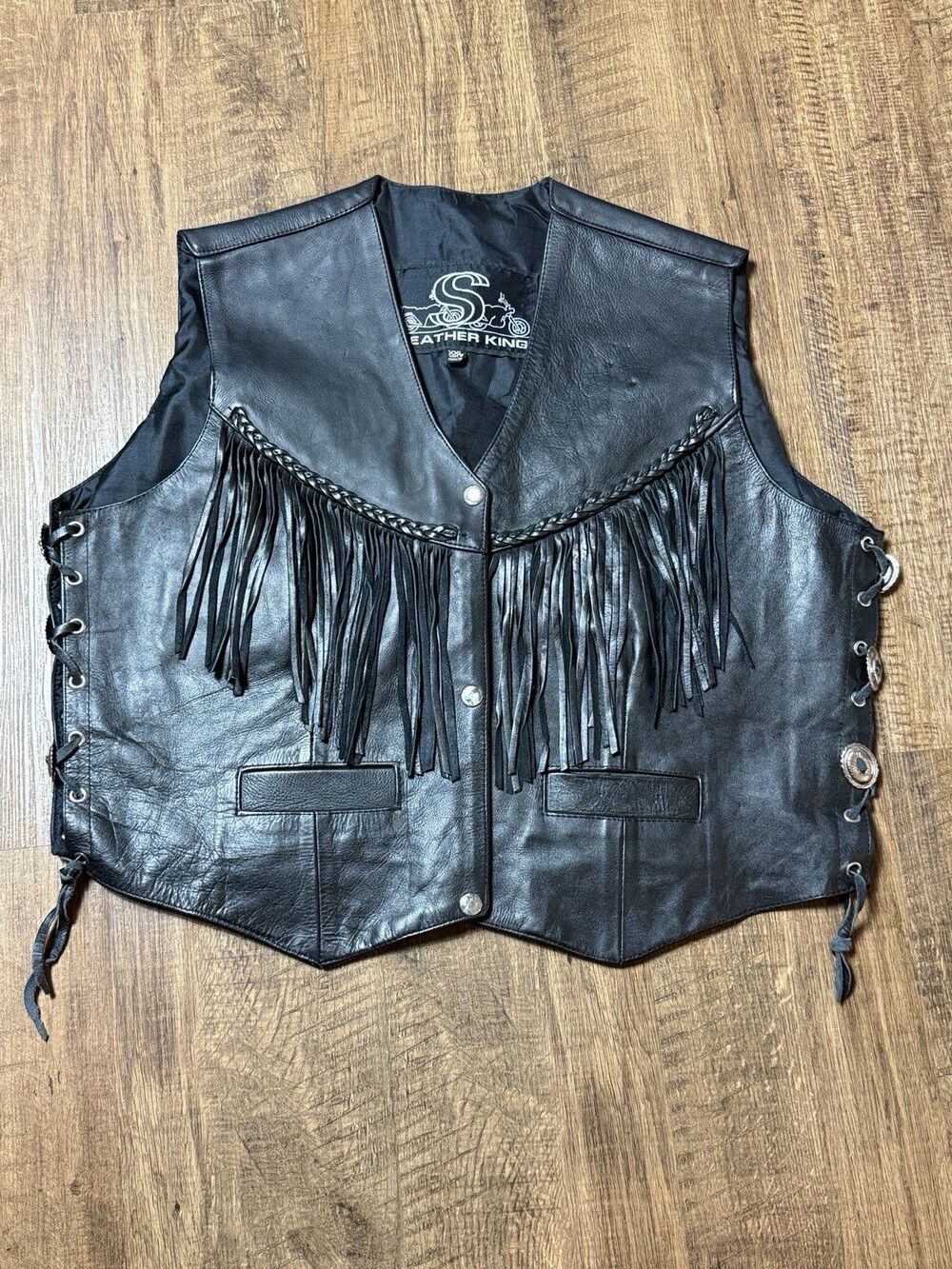 S Leather King Mens Fringe Motorcycle Vest 2XL XXL Black Lace Up Western Biker